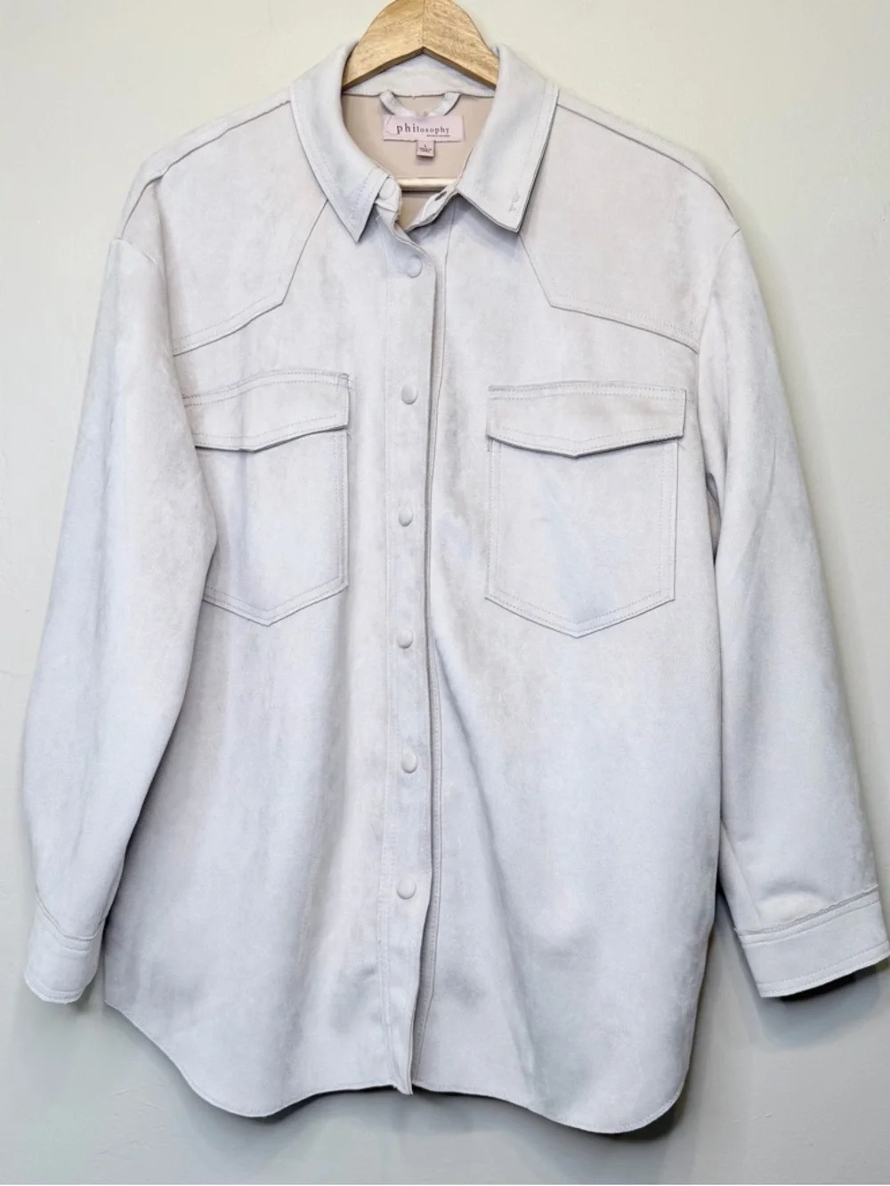 Philosophy | Anthro Faux Leather Butter Soft Tan Utility Jacket Relaxed Shacket - Picture 2 of 14
